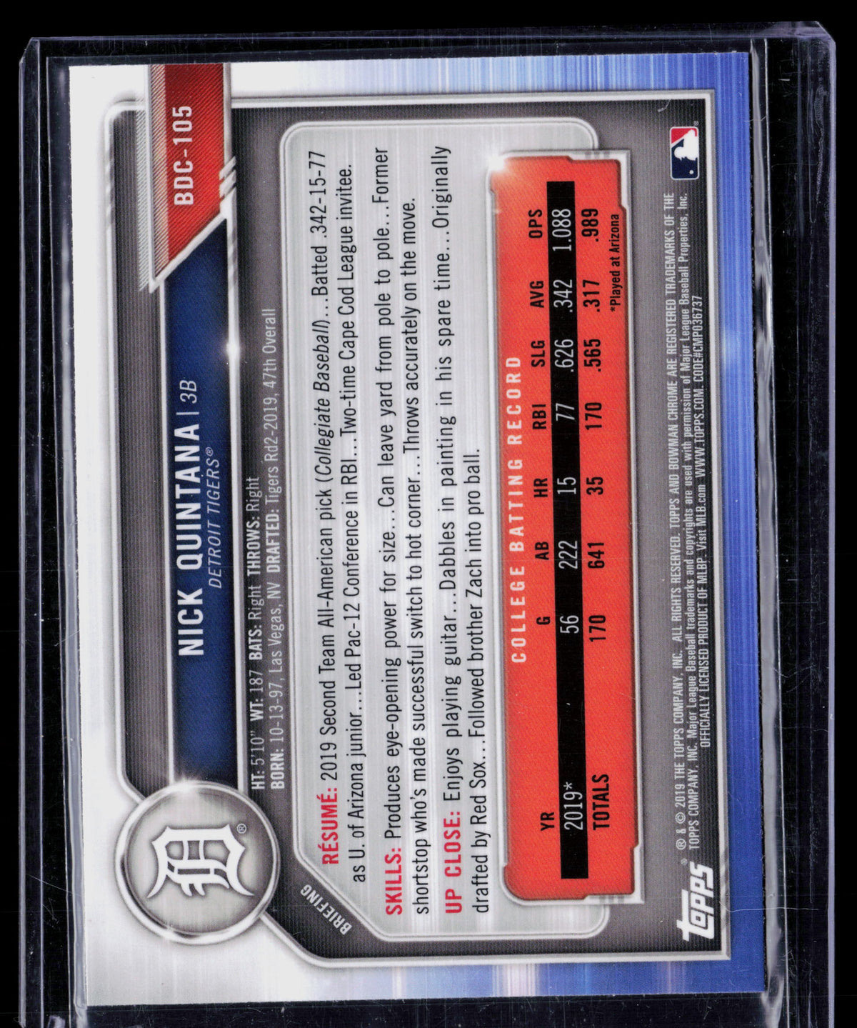 2019 Bowman Draft Chrome Sapphire Nick Quintana #BDC-105