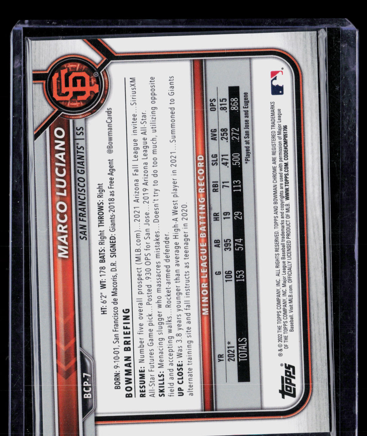 2022 Bowman Chrome Marco Luciano #BCP-7 Refractor 077/390