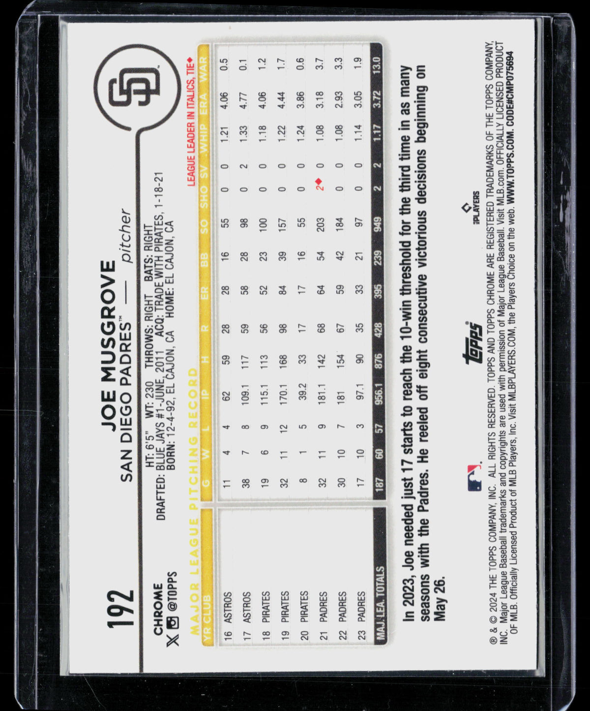 2024 Topps Chrome Joe Musgrove #192 X-Fractor
