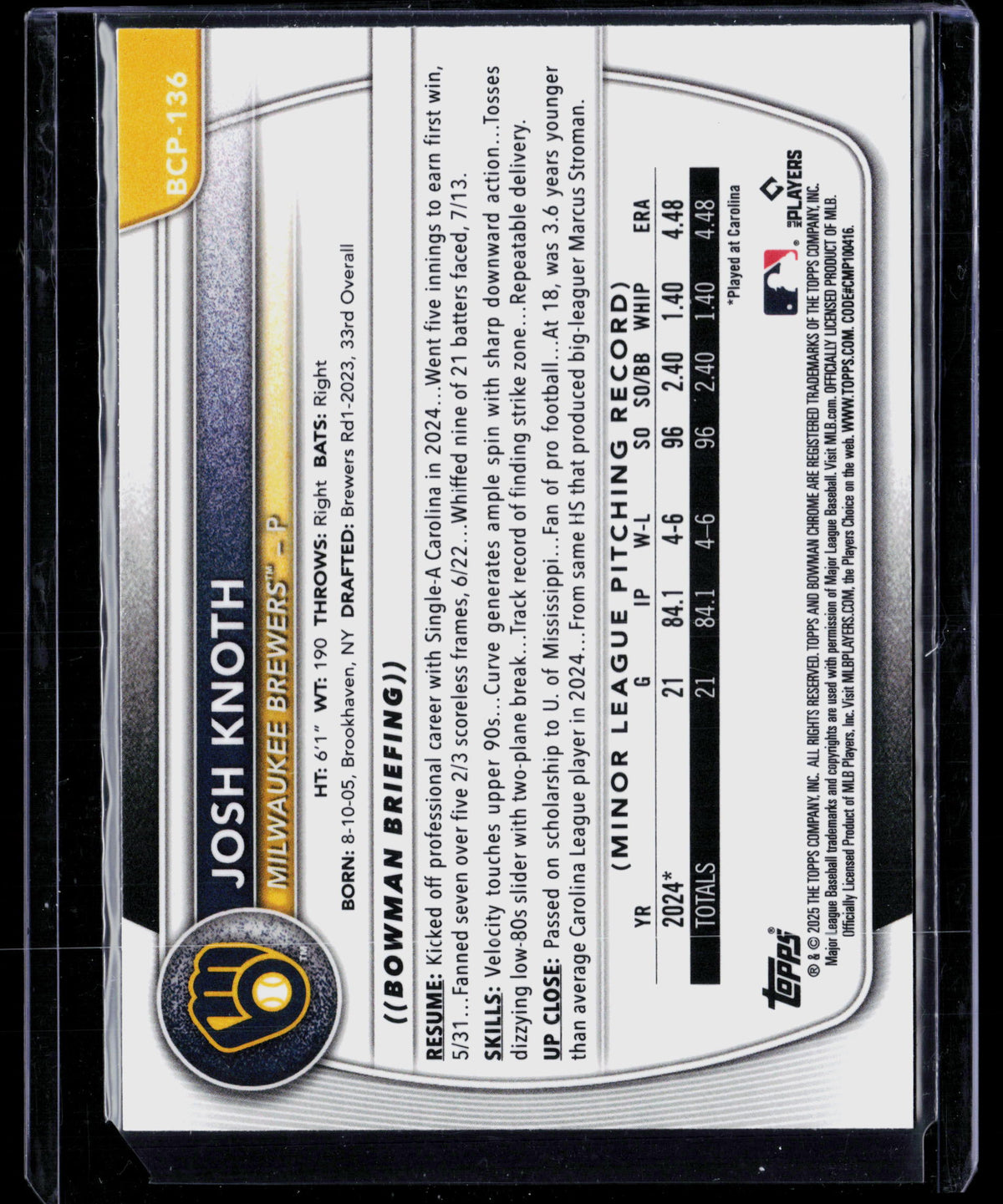 2025 Bowman Chrome Josh Knoth #BCP-136 Mega Box Refractor
