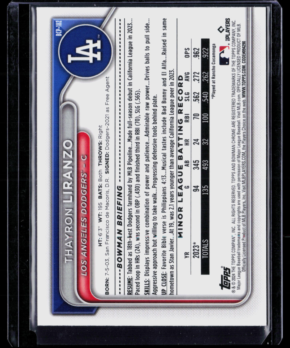 2024 Bowman Chrome Thayron Liranzo #BCP-182 Mojo Refractor