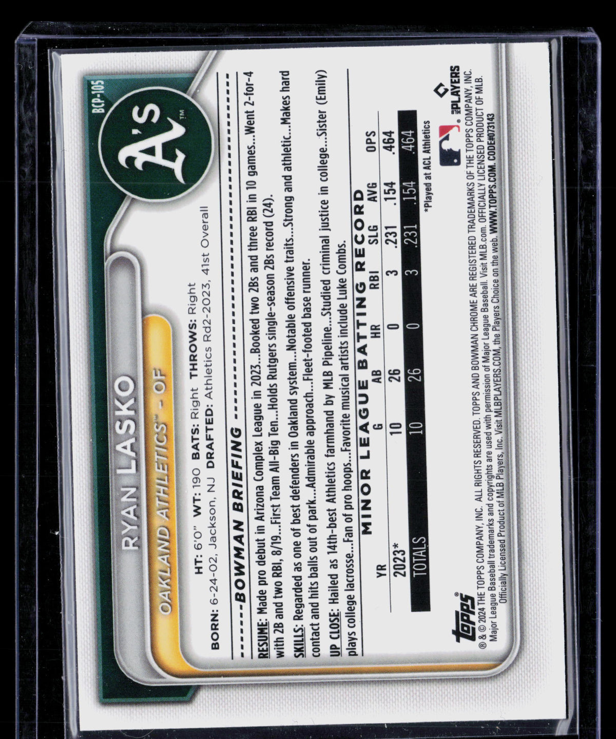 2024 Bowman Chrome Sapphire Edition Ryan Lasko #BCP-105 Blue