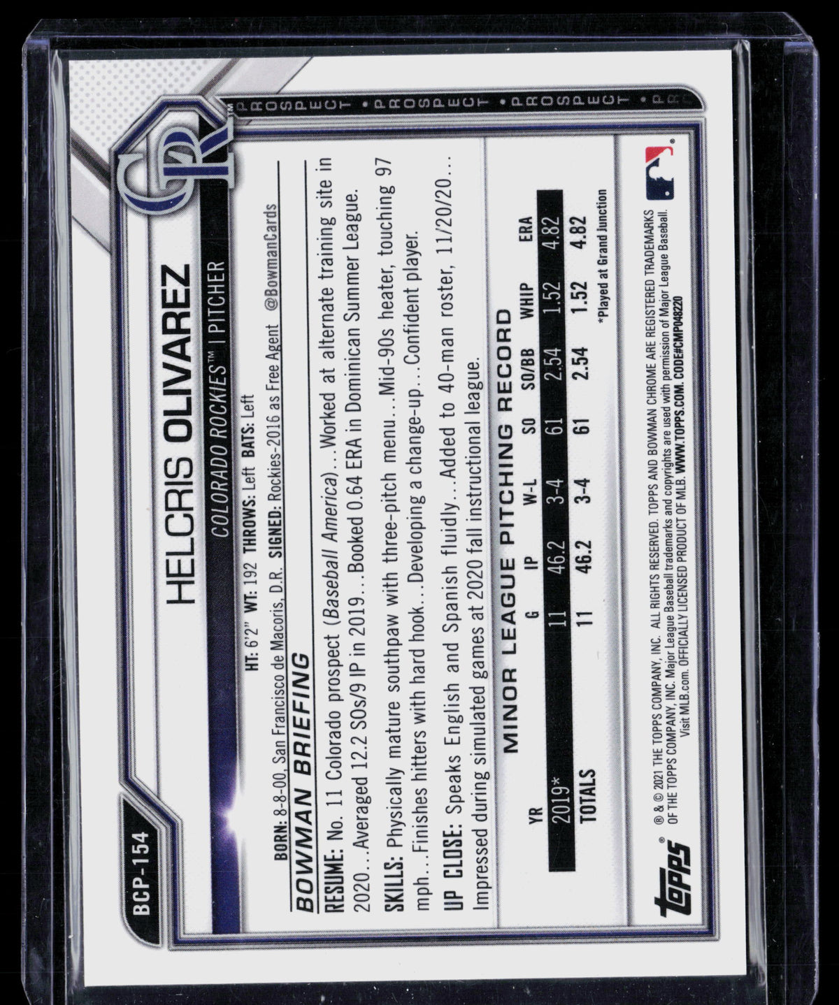 2021 Bowman Chrome Helcris Olivarez #BCP-154 Pink Mojo Refractor