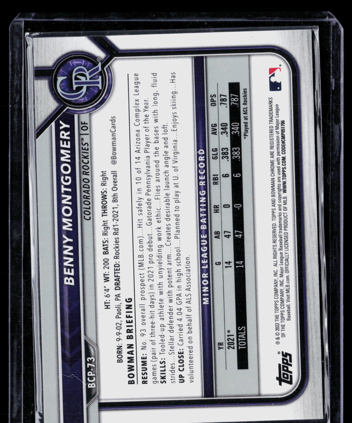 2022 Bowman Chrome Benny Montgomery #BCP-73 Fuchsia Lava Refractor 184/399