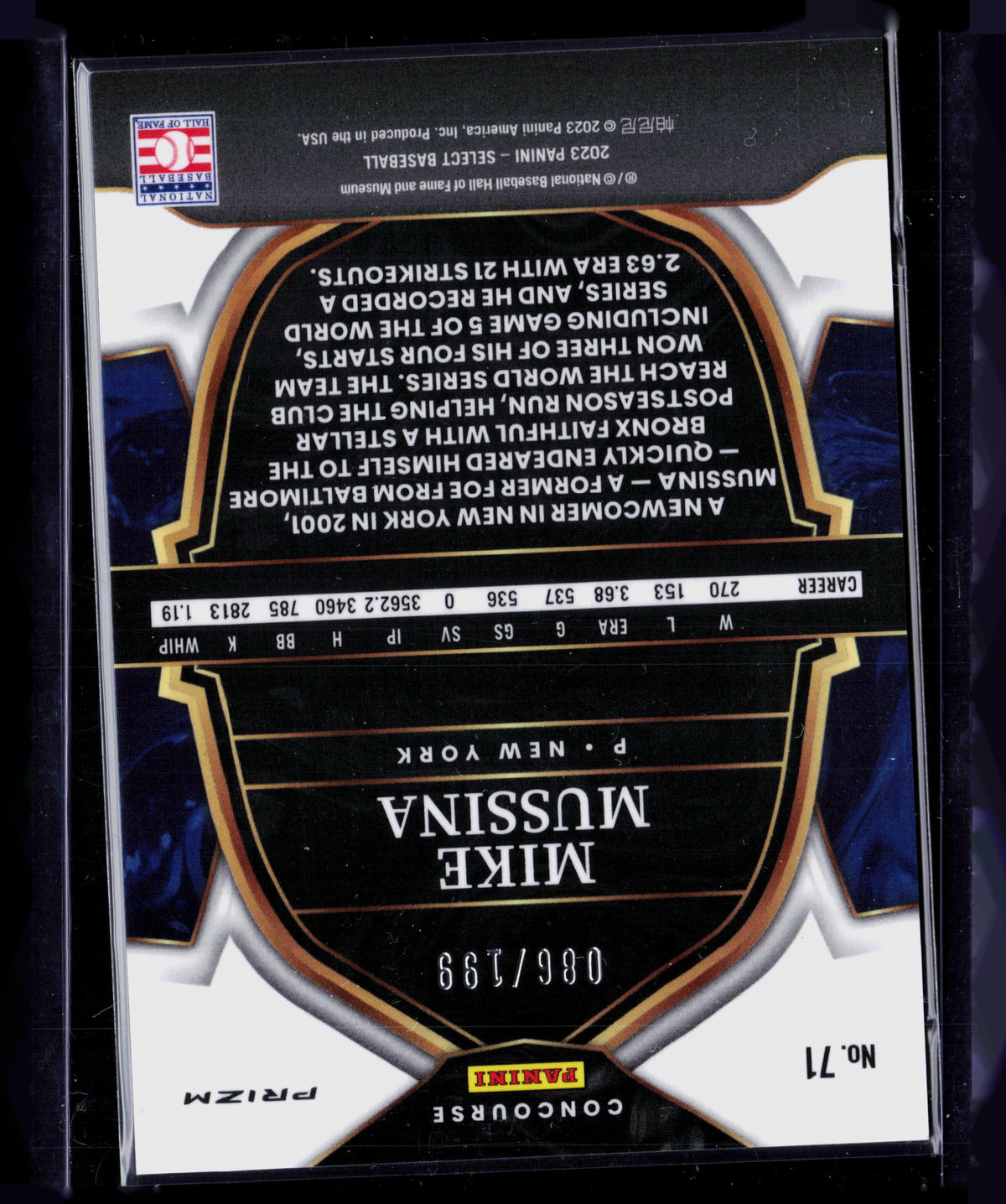 2023 Panini Select Baseball Mike Mussina #71 Green Purple Prizm