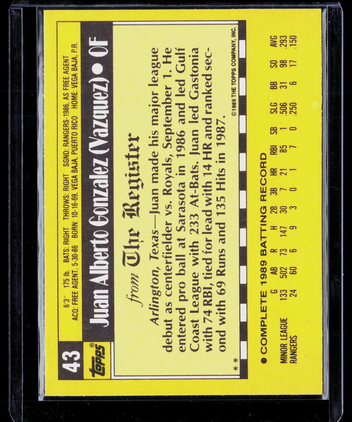 1989 Topps Traded Juan Gonzalez #43