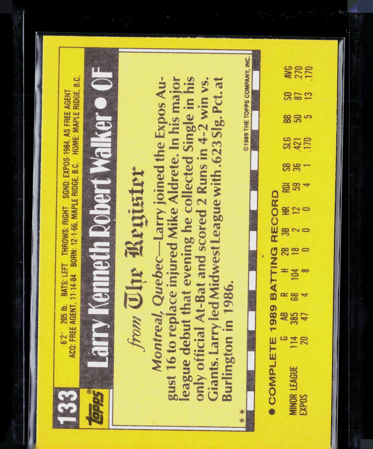 1989 Topps Debut '89 Larry Walker #133