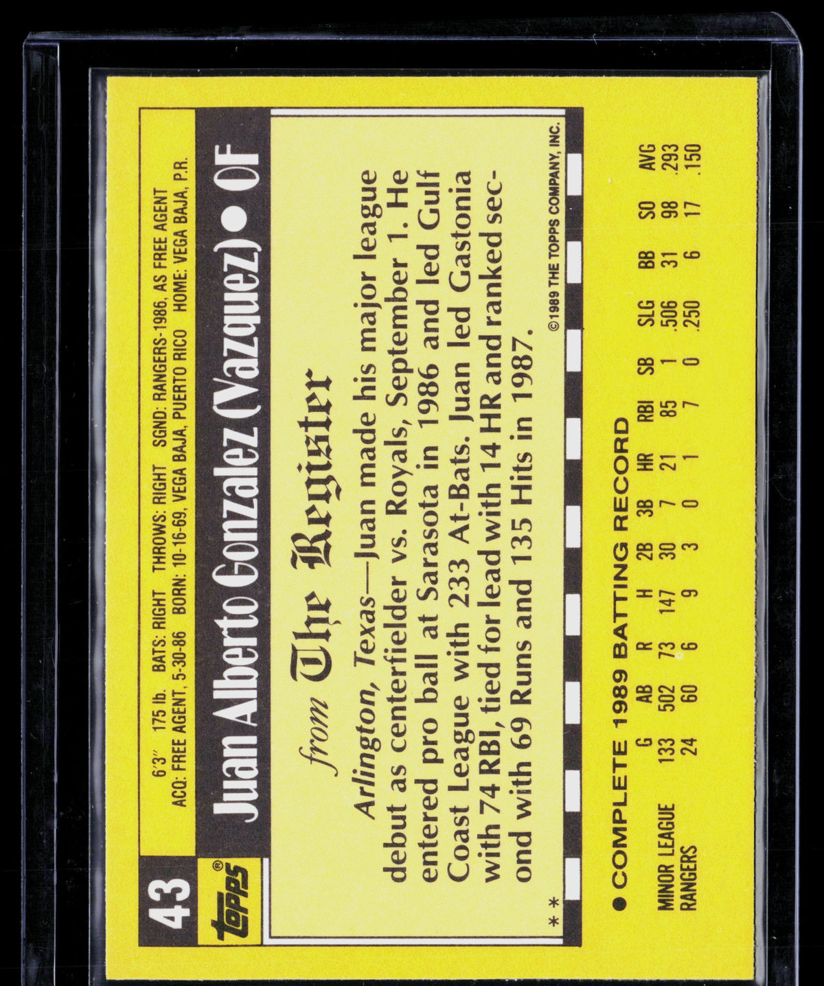 1990 Topps Major League Debut Juan Gonzalez #43