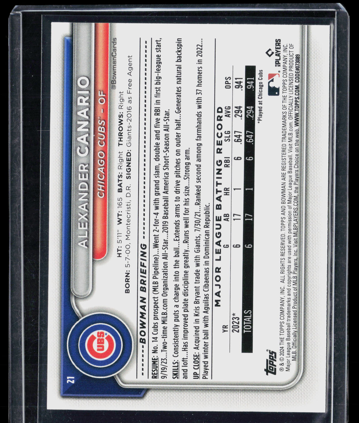 2024 Bowman Alexander Canario #21 Blue 423/499 RC