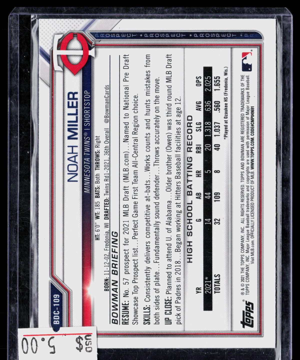 2021 Bowman Draft Chrome Sapphire Noah Miller #BDC-109