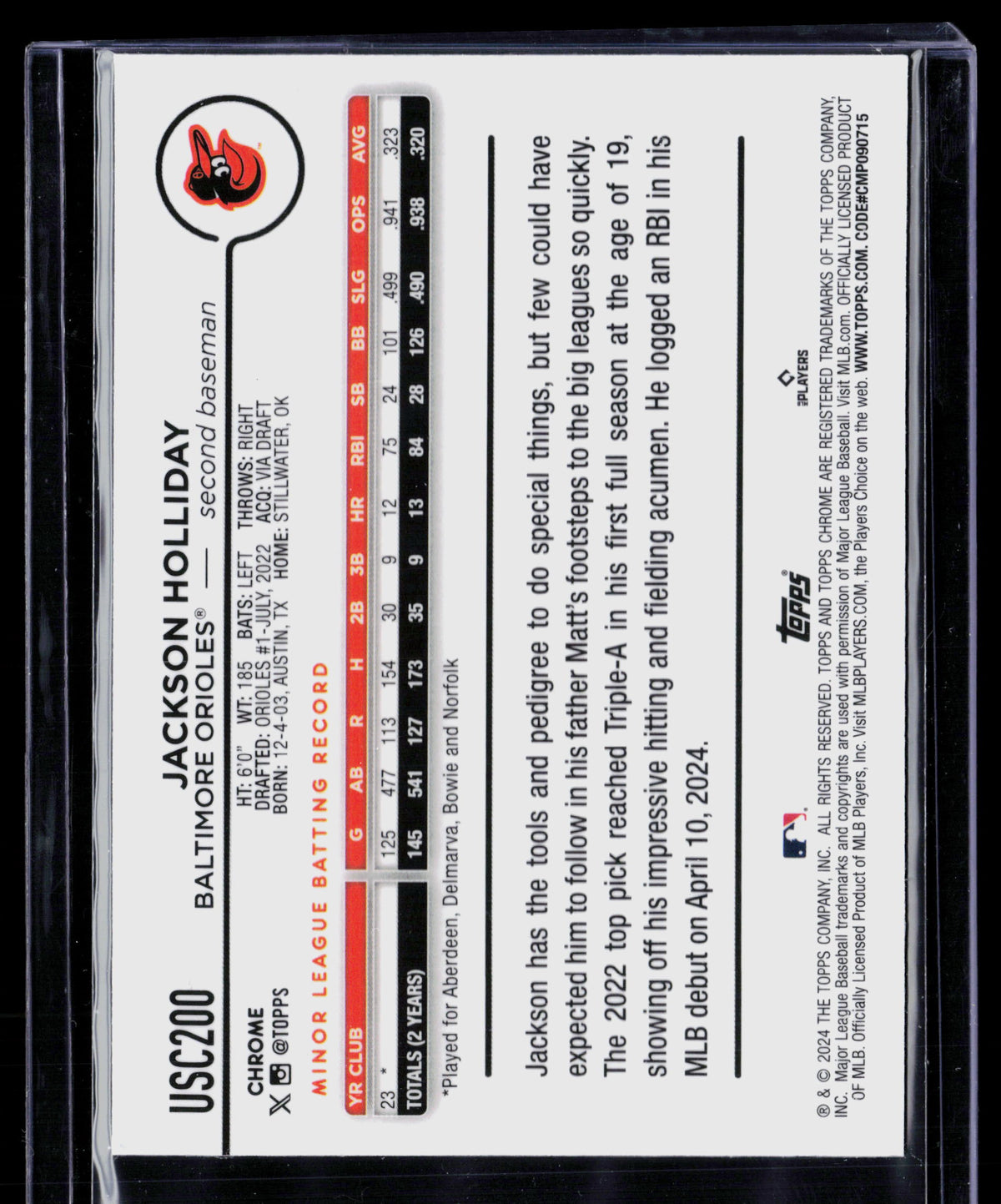 2024 Topps Chrome Update Jackson Holliday #USC200 RC