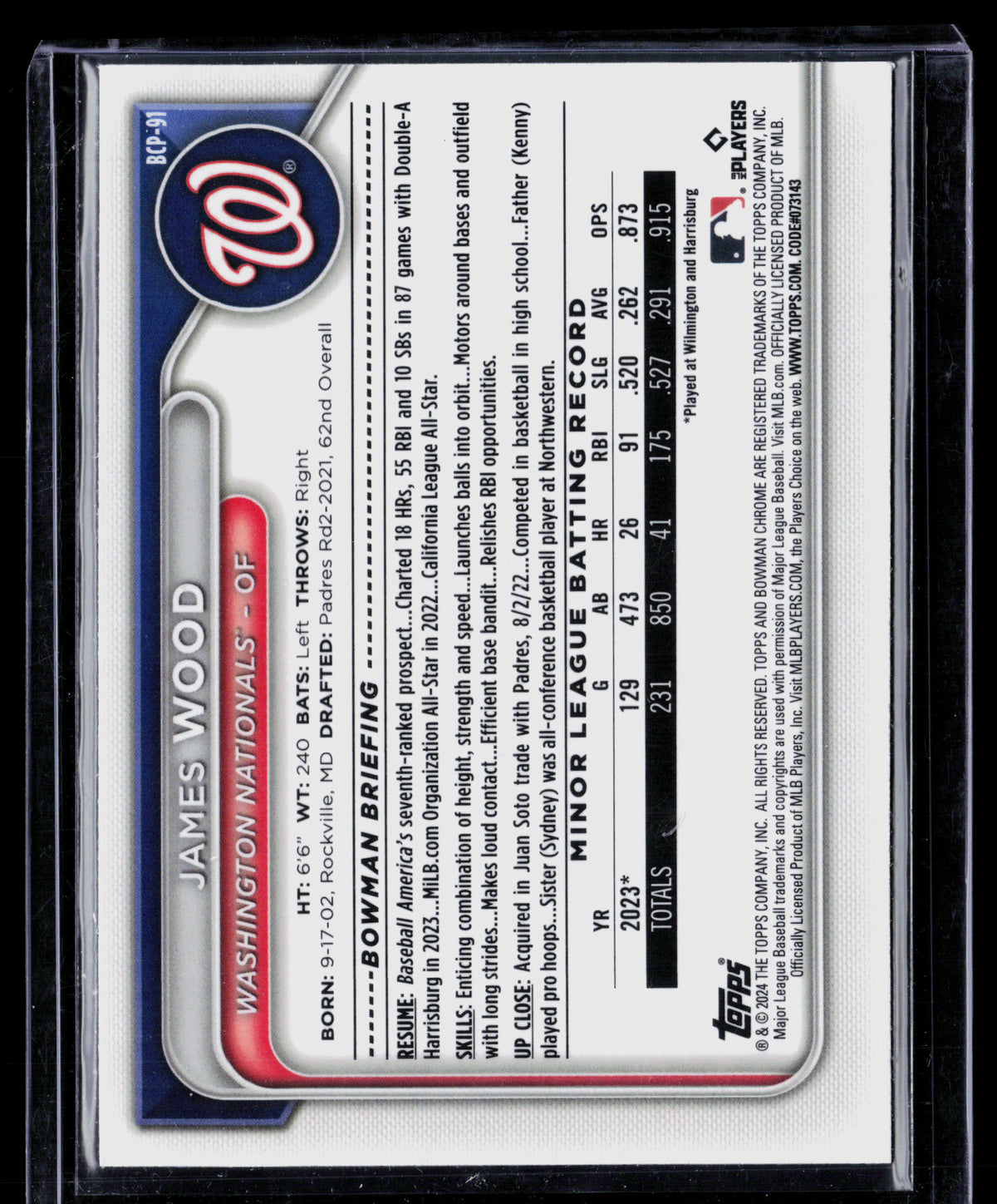 2024 Bowman Chrome James Wood #BCP-91 Mojo Refractor