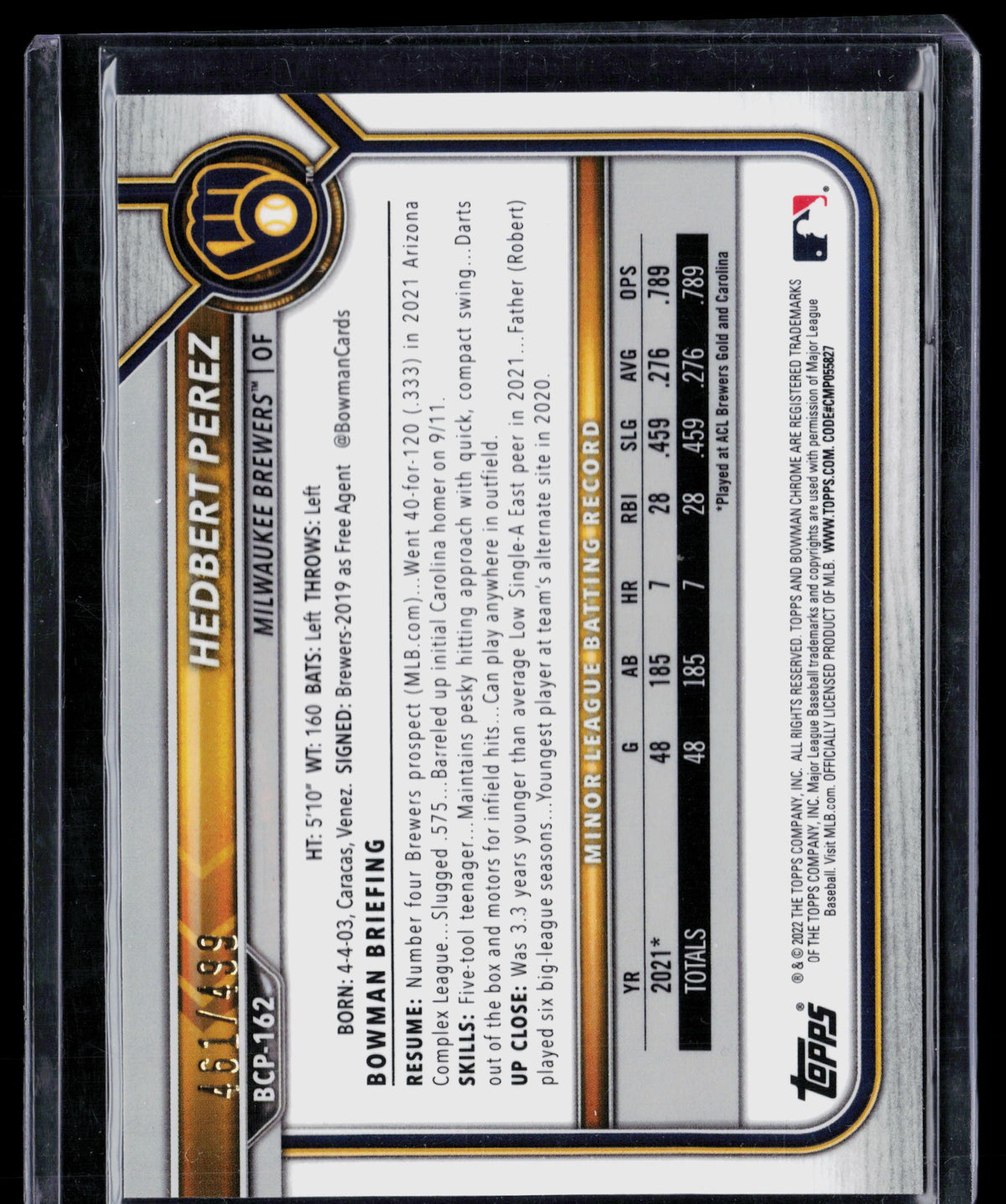 2022 Bowman Chrome Hedbert Perez #BCP-162 461/499