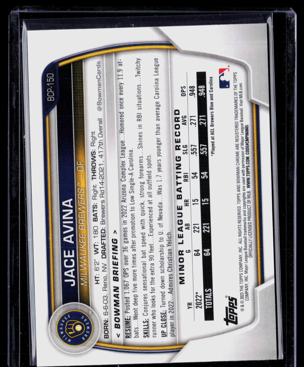 2023 Bowman Chrome Jace Avina #BCP-150 Speckle Refractor