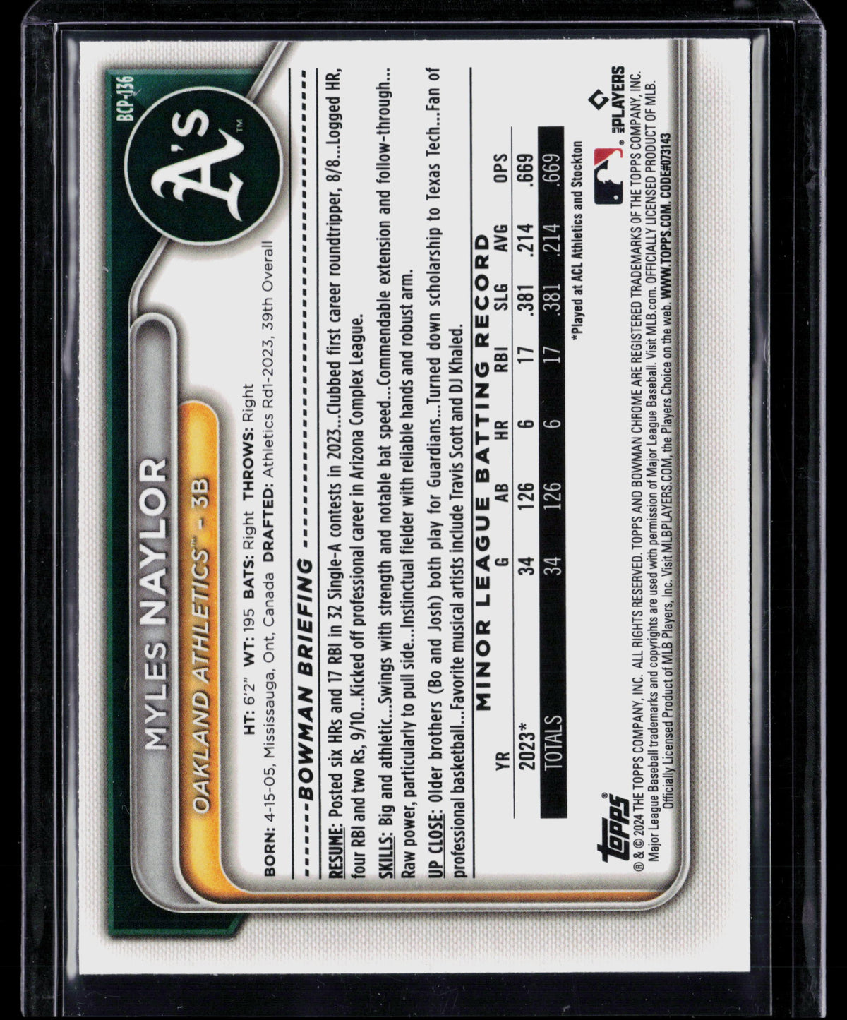2024 Bowman Chrome Myles Naylor #BCP-136