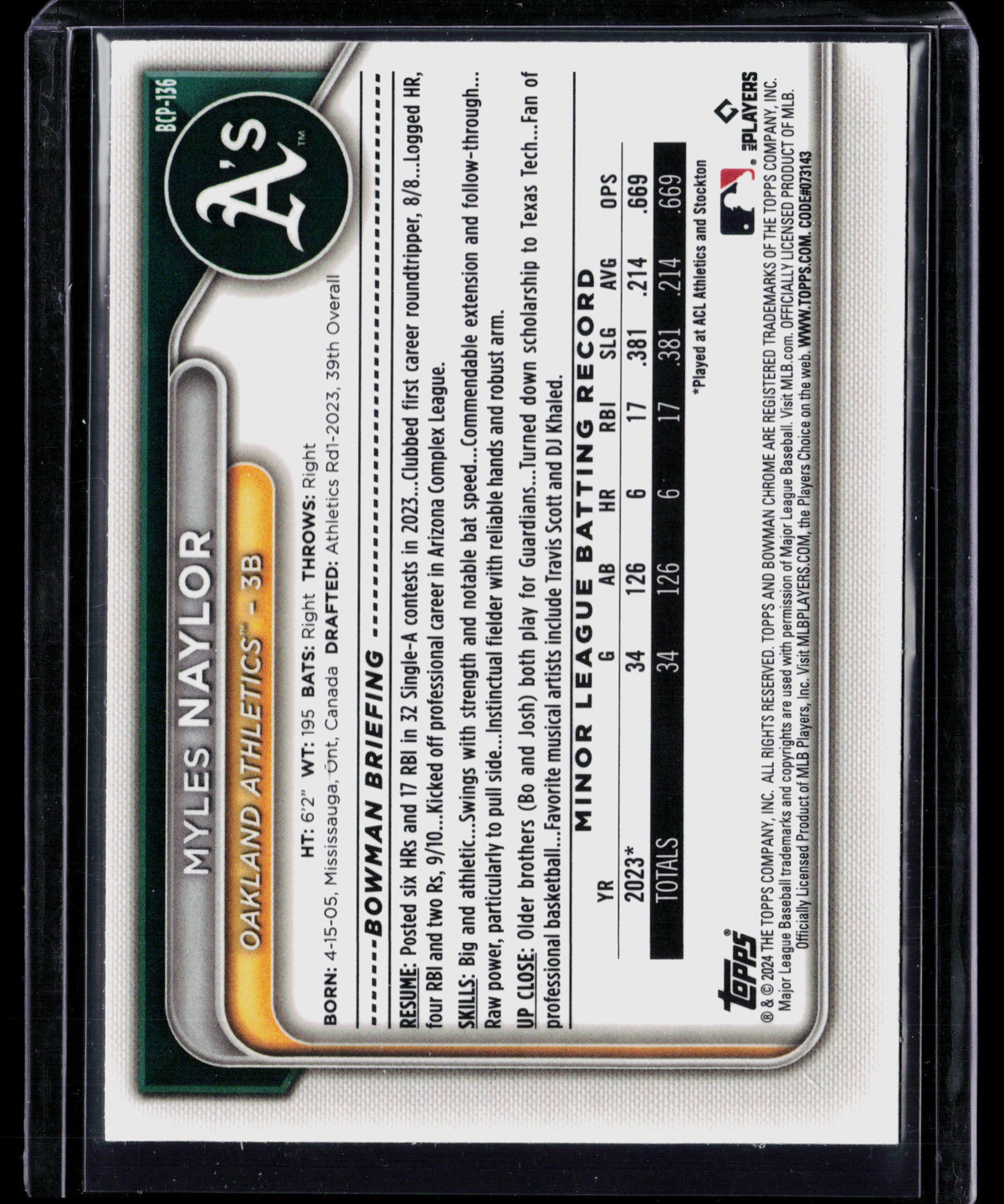 2024 Bowman Chrome Myles Naylor #BCP-136