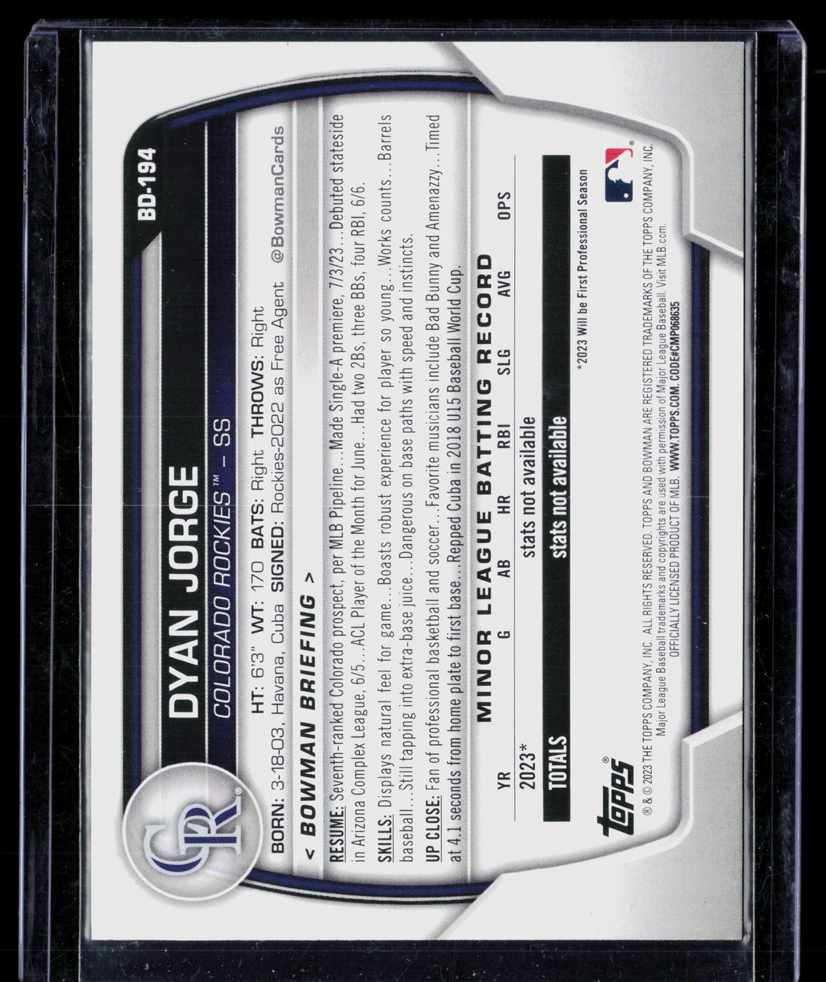 2023 Bowman Draft Dyan Jorge #BD-194 Green Paper 63/99