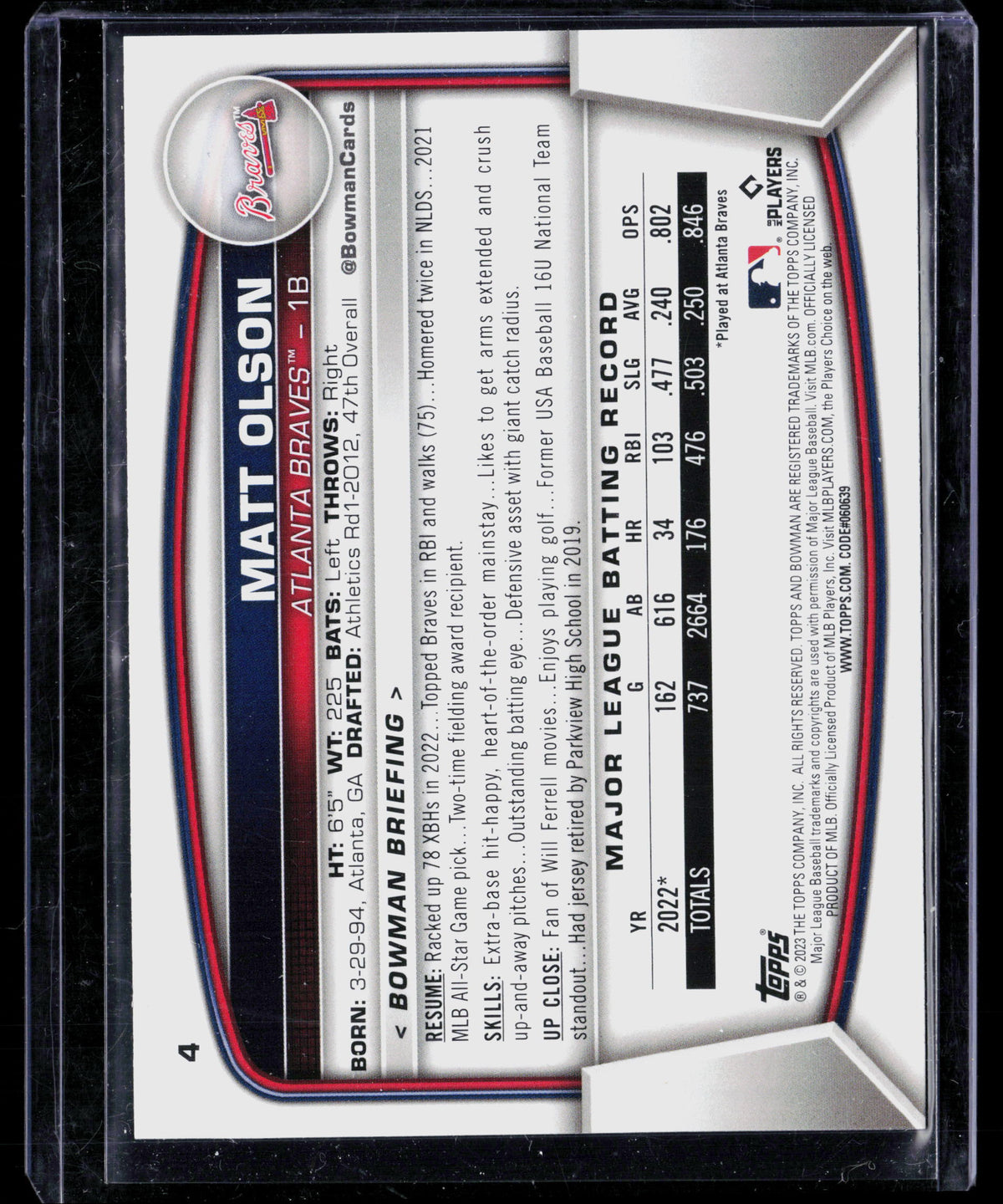 2023 Bowman Matt Olson #4 Purple 244/250