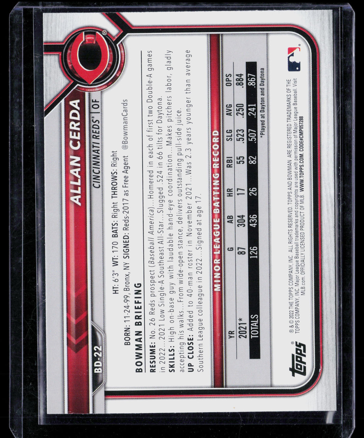 2022 Bowman Draft Allan Cerda #BD-22 Sky Blue Border 113/499