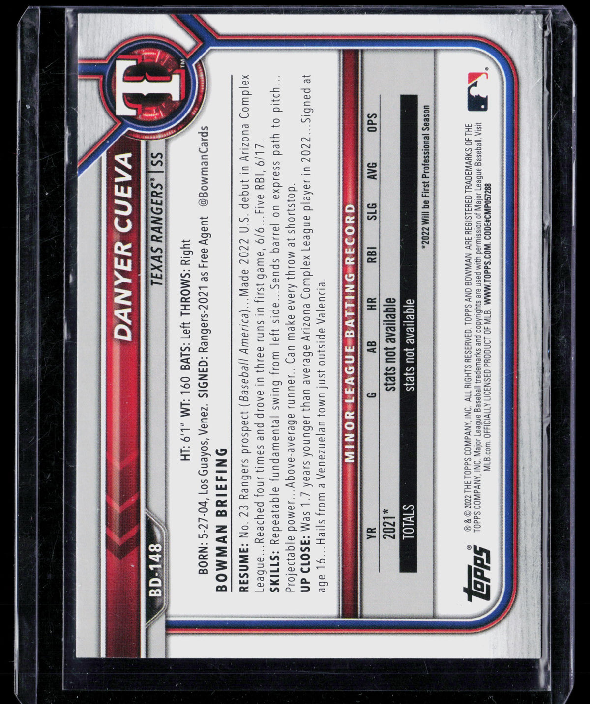 2022 Bowman Draft Danyer Cueva #BD-148 Sky Blue Border 398/499