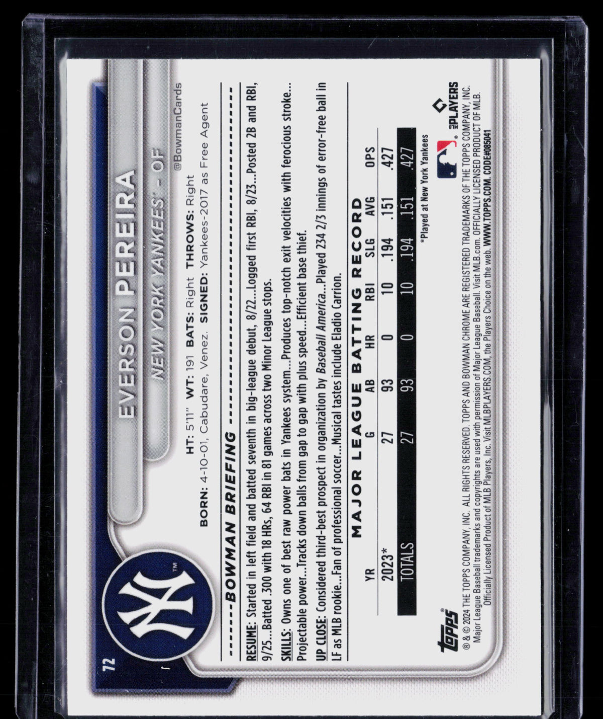 2024 Bowman Chrome Everson Pereira #72 Fuchsia 183/299 RC