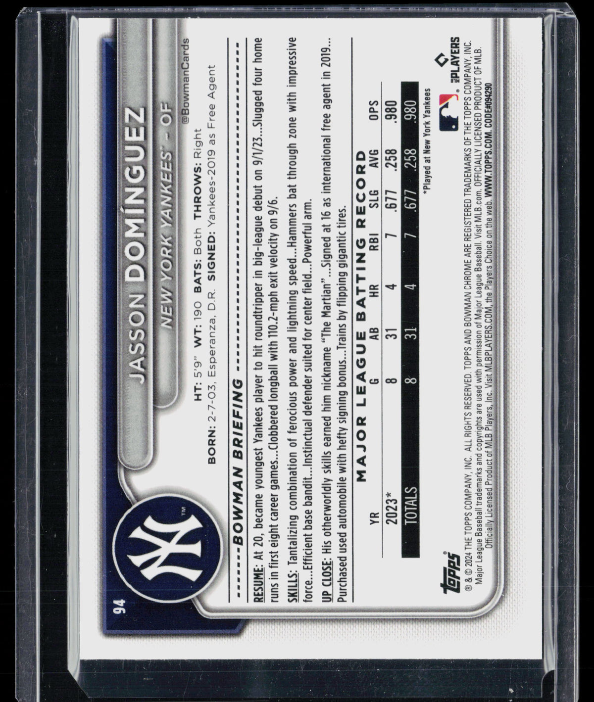 2024 Bowman Chrome Mega Box Jasson Domínguez #94 Refractor RC