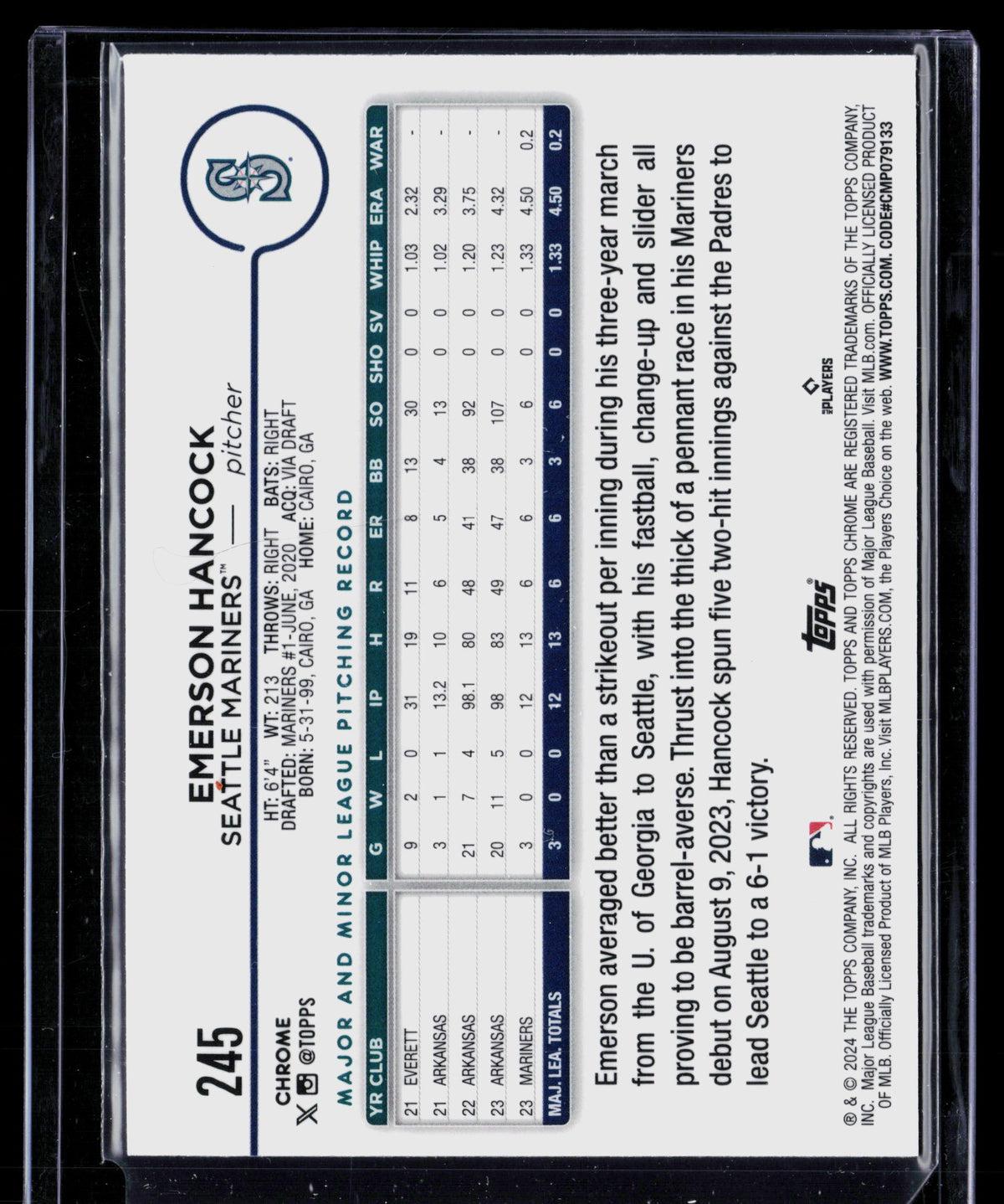 2024 Topps Chrome Emerson Hancock #245 Purple Refractor RC 172/250
