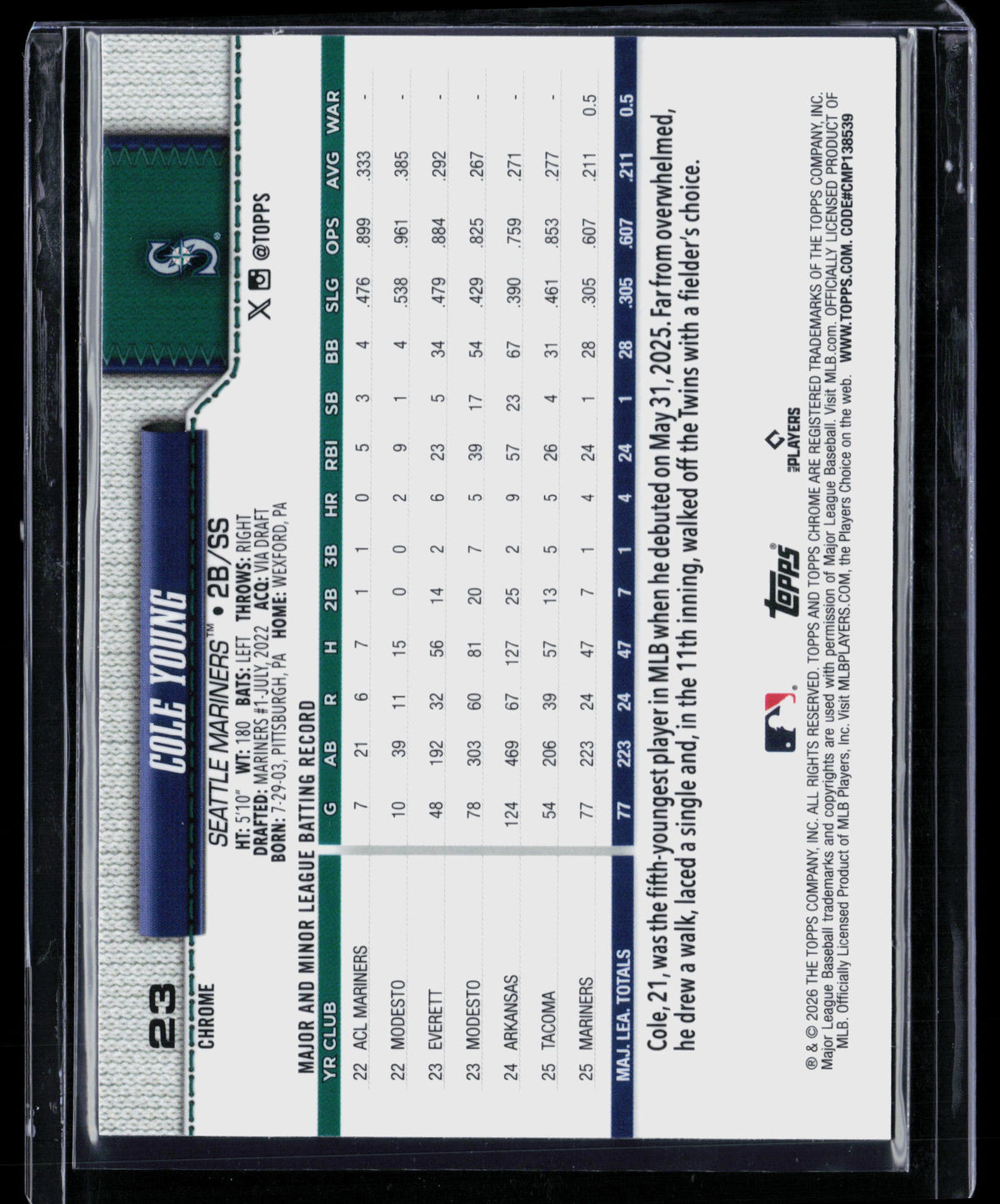 2026 Topps Chrome Cole Young #23 RC