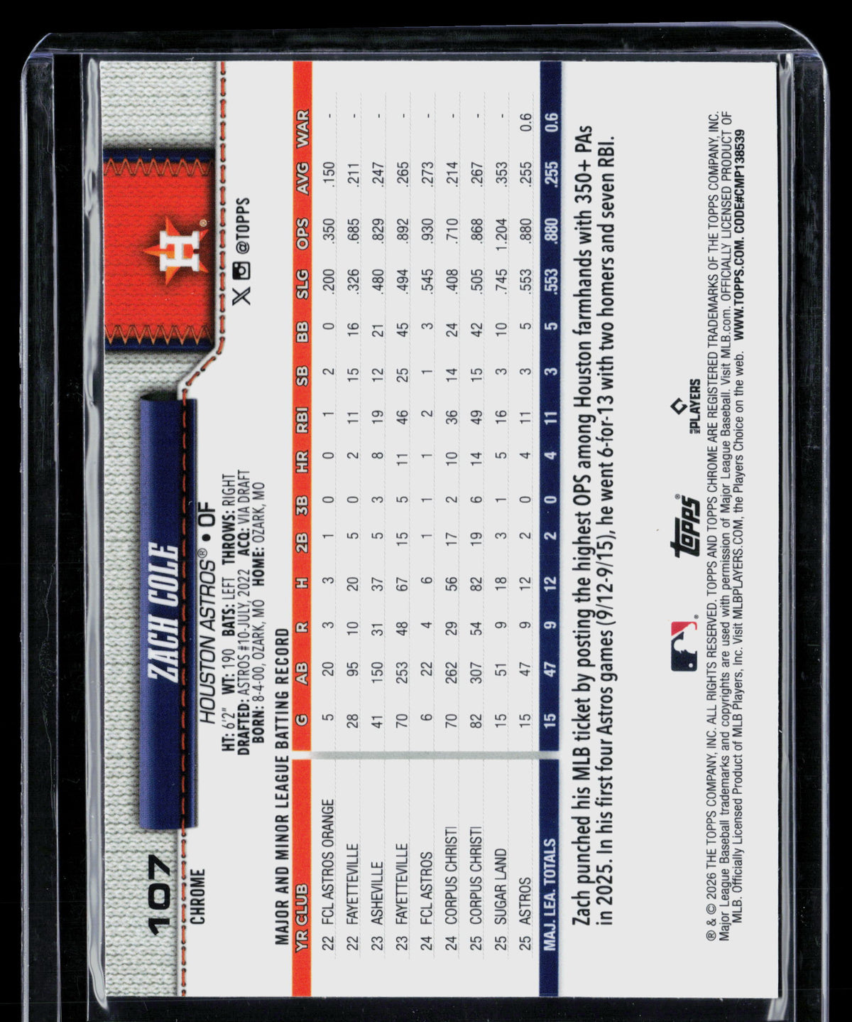 2026 Topps Chrome Zach Cole #107 RC