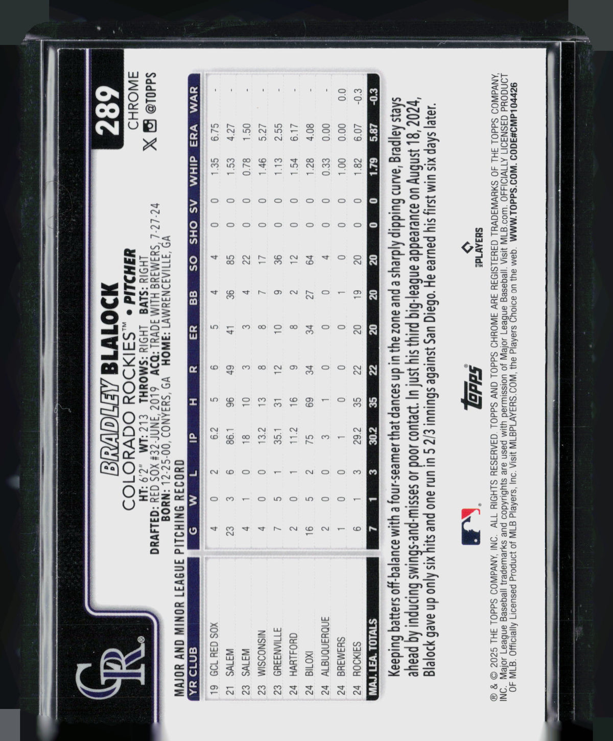 2025 Topps Chrome Bradley Blalock #289 X-Fractor RC