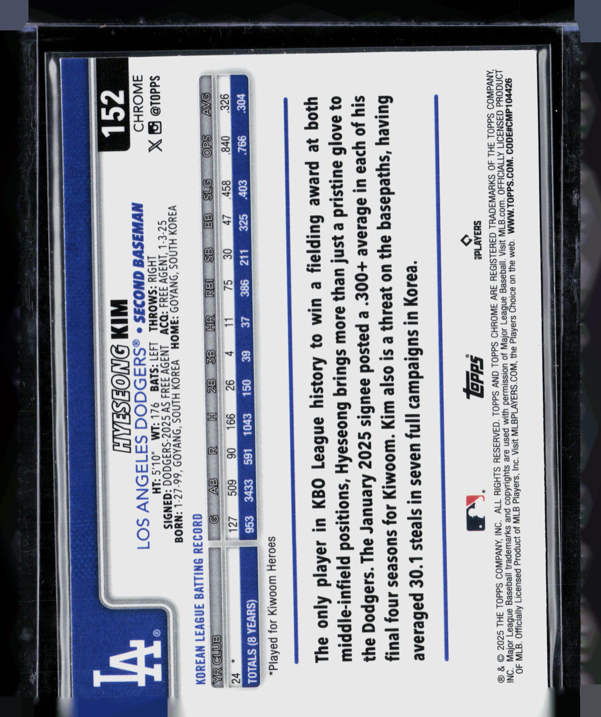 2025 Topps Chrome Hye-seong Kim #152 RayWave Refractor RC