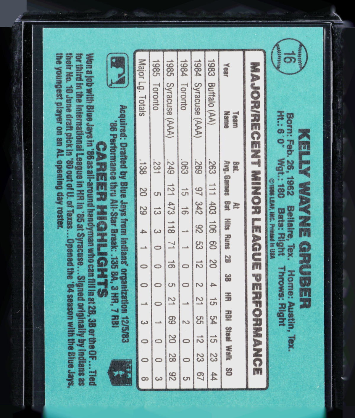 1996 Donruss The Rookies Kelly Gruber #16