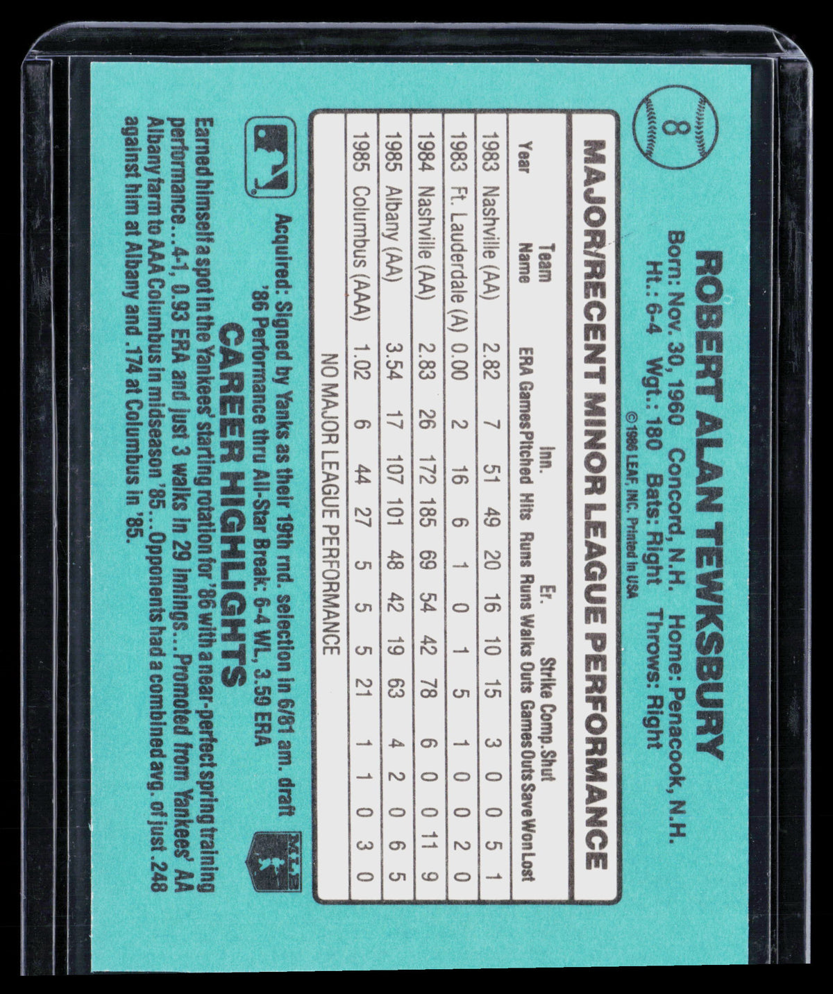 1986 Donruss The Rookies Bob Tewksbury #8