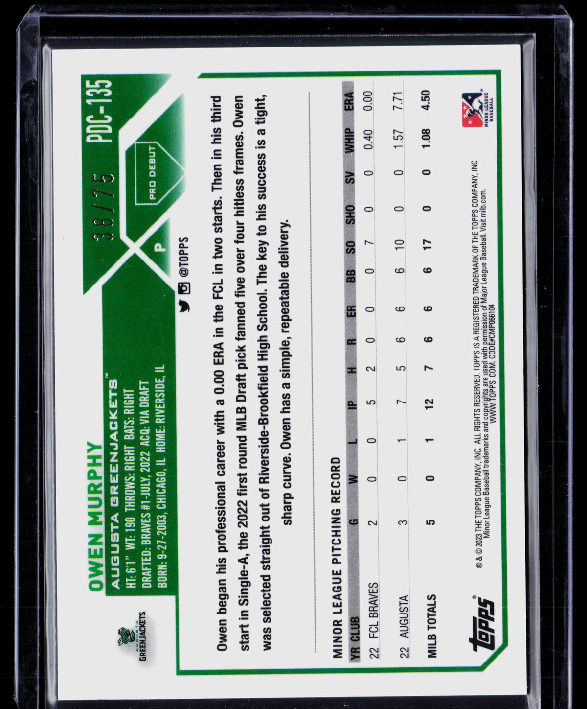 2023 Topps Pro Debut Chrome Owen Murphy #PDC-135 Aqua Refractor