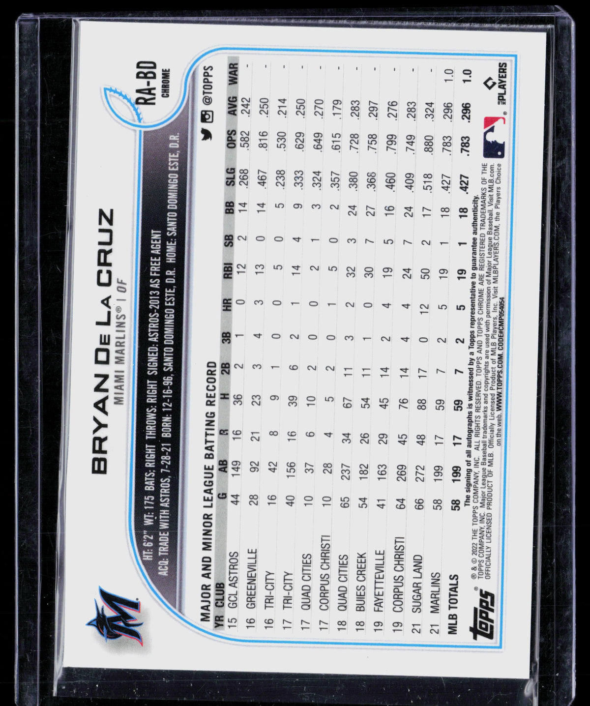 2022 Topps Chrome Bryan De La Cruz #RA-BD RC