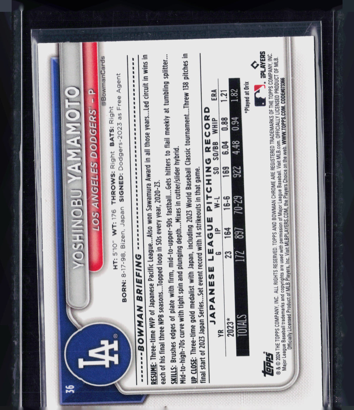 2024 Bowman Chrome Yoshinobu Yamamoto #36 Mojo Refractor RC