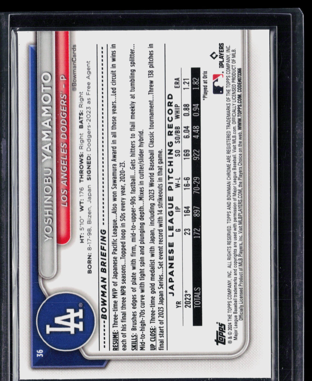 2024 Bowman Chrome Yoshinobu Yamamoto #36 Mega Box Mojo Refractor RC