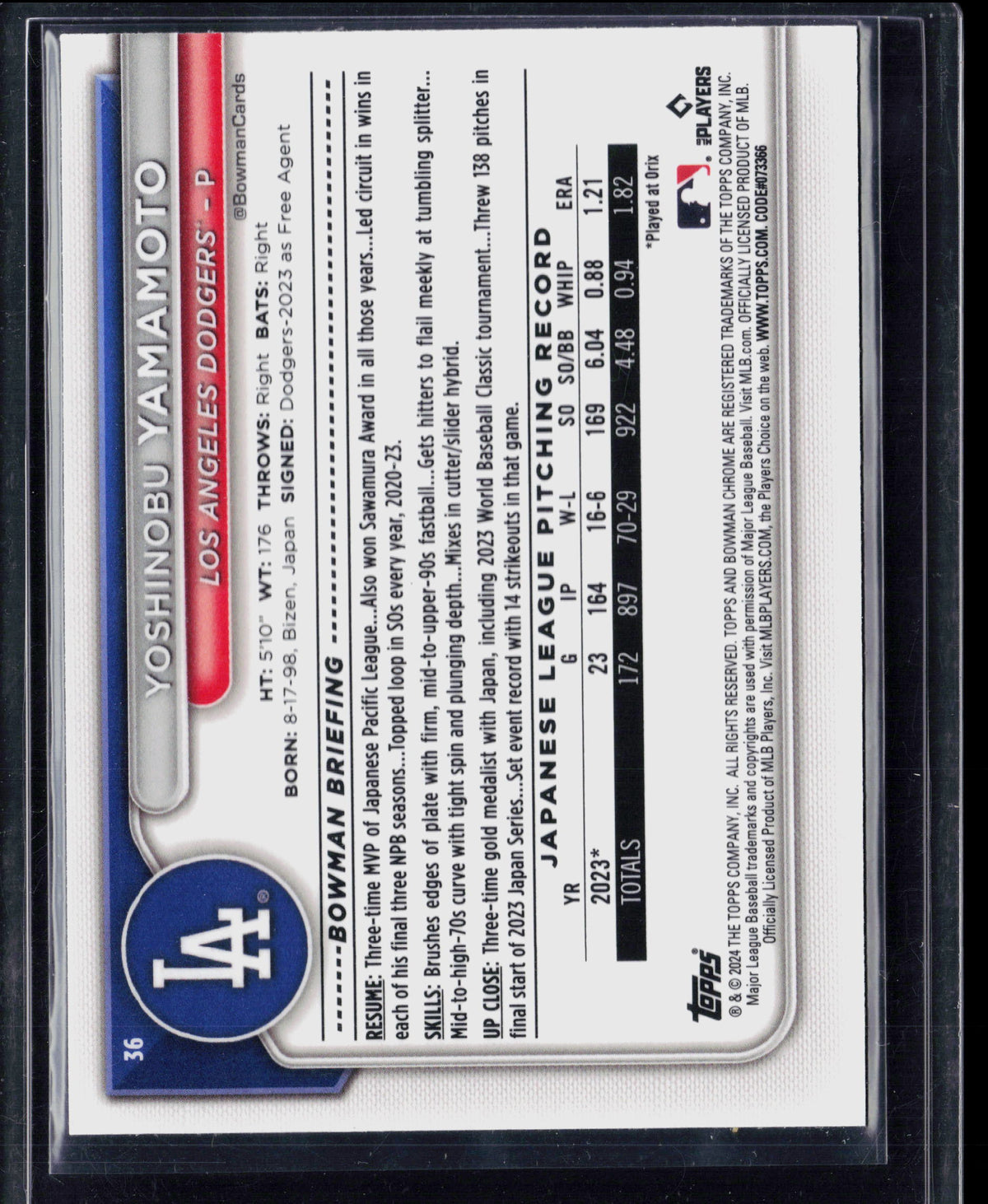 2024 Bowman Chrome Yoshinobu Yamamoto #36 Mojo Refractor RC