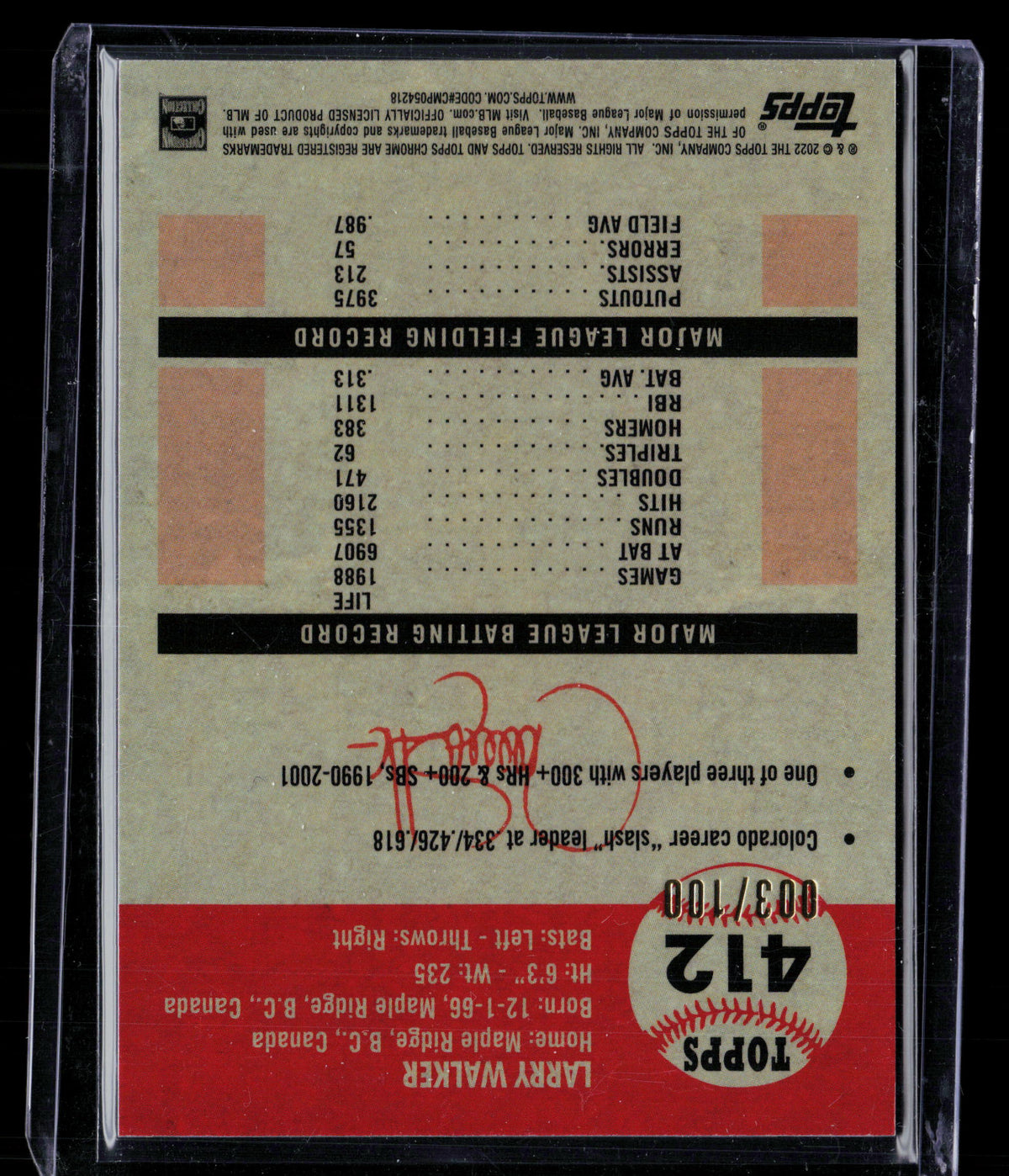 2022 Topps Chrome Platinum Anniversary Larry Walker #412 Pink Prism /1000