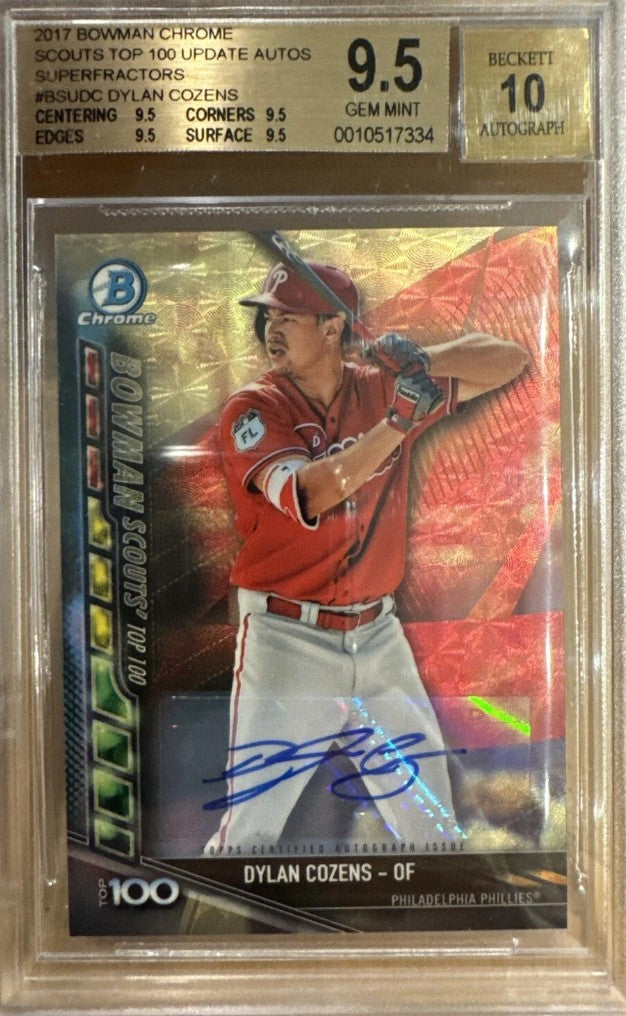 2017 Bowman Chrome Scouts Top 100 Auto Superfractors Dylan Cozens BGS 9.5