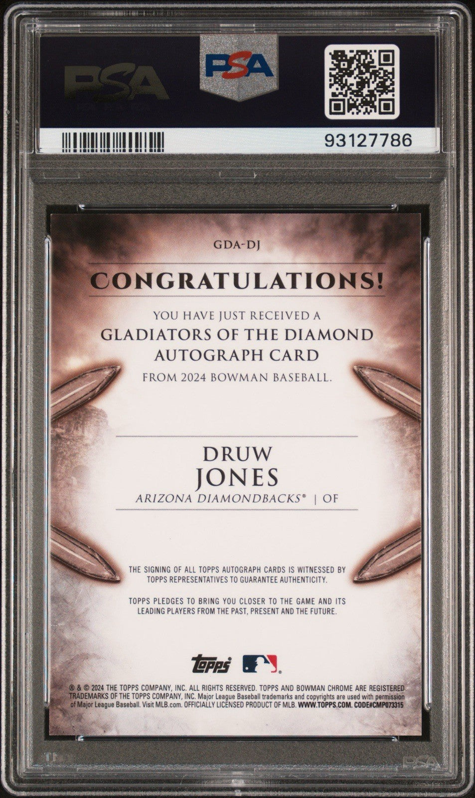 2024 Bowman Druw Jones #GDA-DJ SuperFractor 1/1 Parallel Rookie Chase PSA