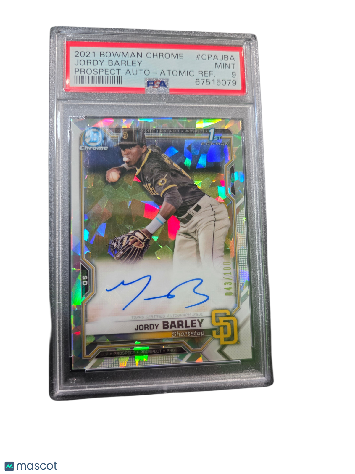 2021 Bowman Chrome Prospect Auto Jordy Barley #CPAJBA Atomic Refractor PSA 9