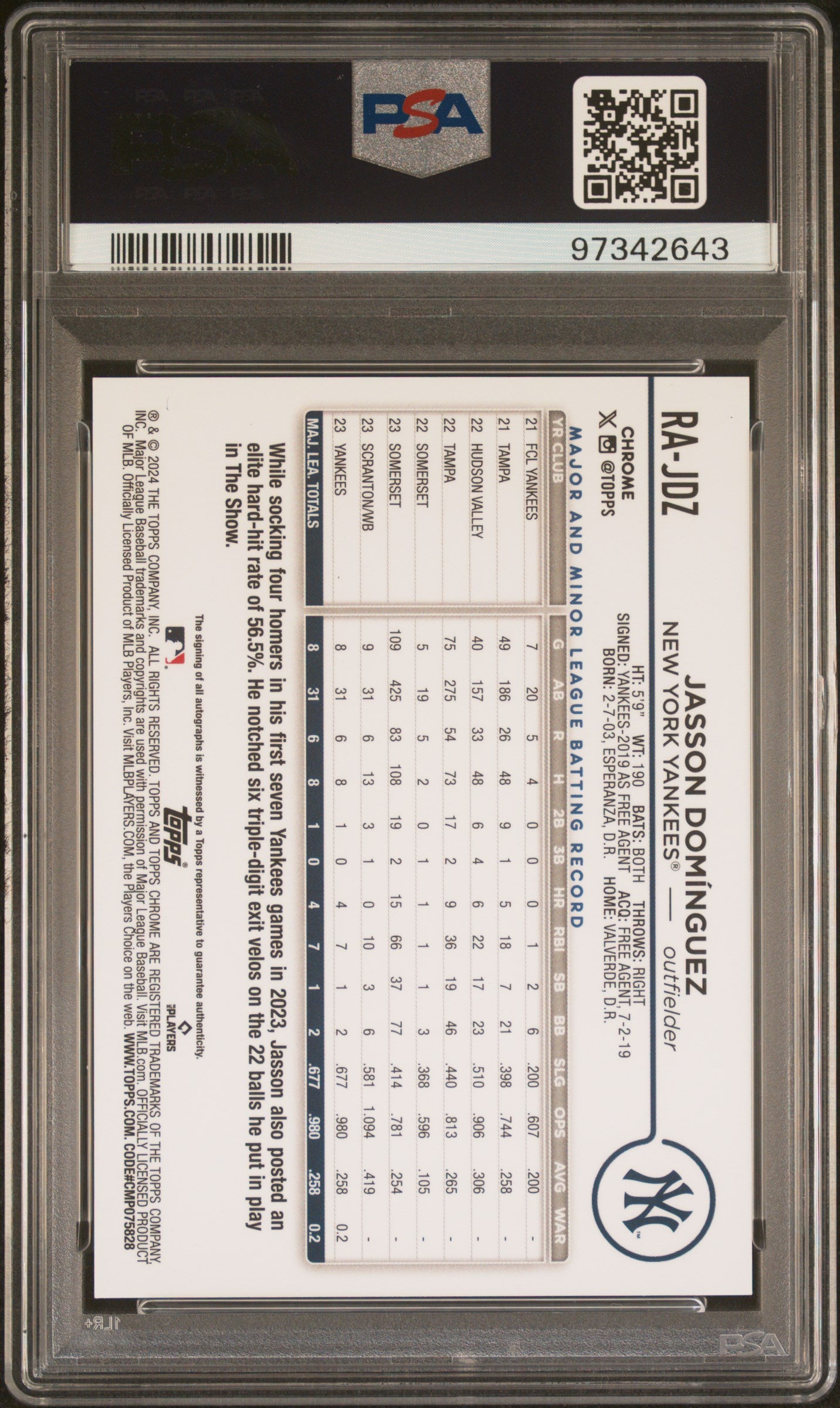 2024 Topps Chrome Rookie Auto Jasson Dominguez #RAJDZ Blue Raywave /150 PSA 9