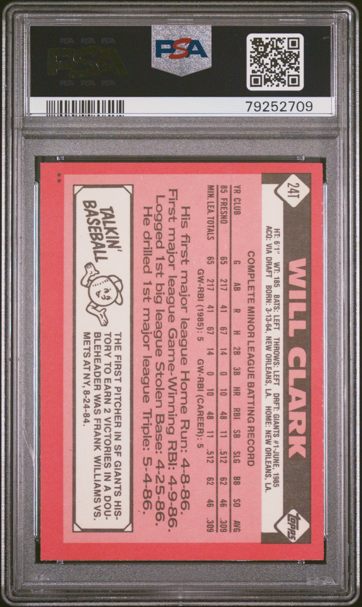 1986 Topps Traded Will Clark #24T PSA 8