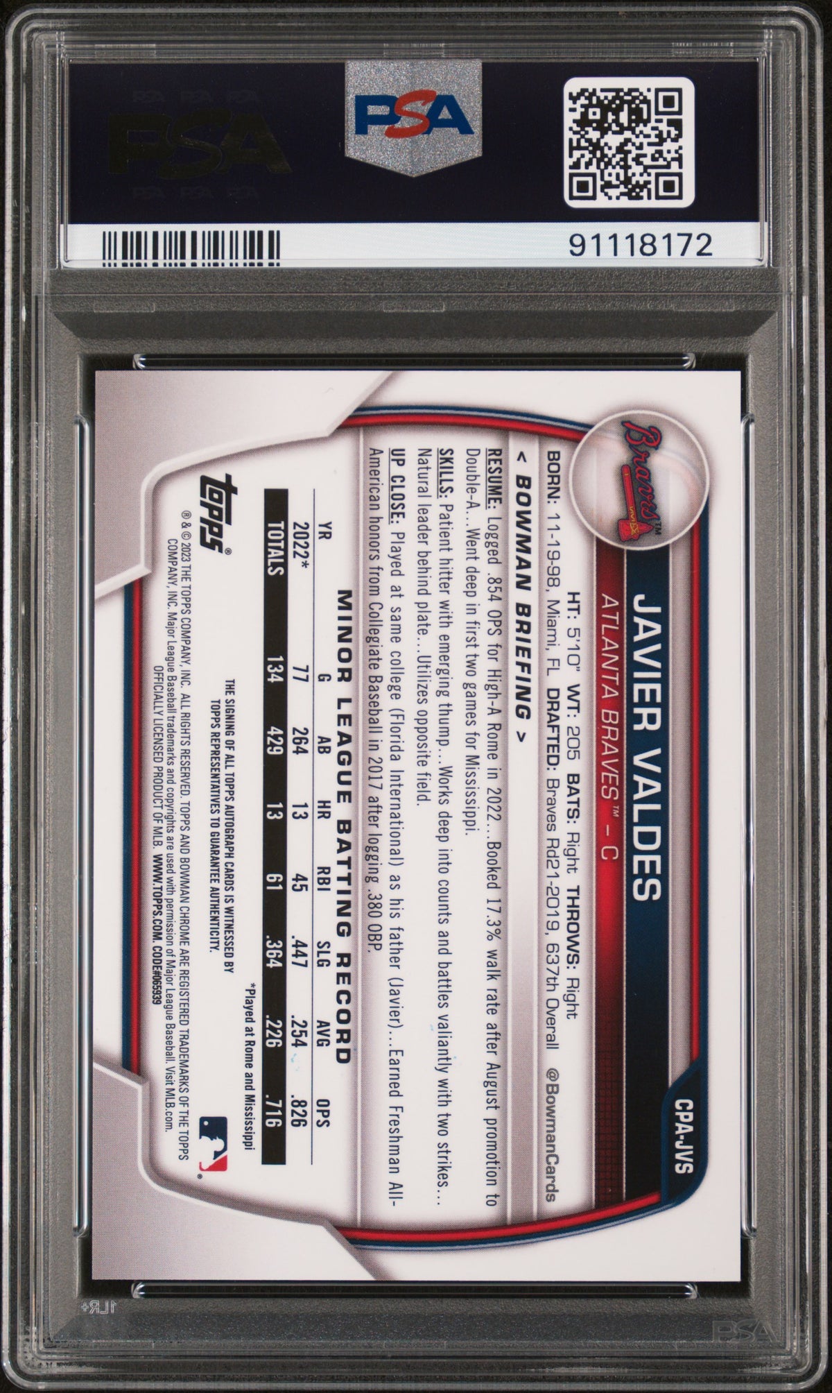 2023 Bowman Chrome Prospect Autographs Javier Valdes #CPAJVS Gold /50 PSA 10