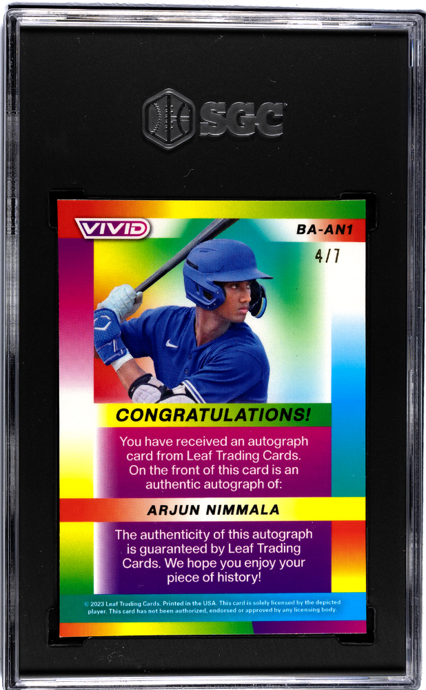 2023 Leaf Vivid Arjun Nimmala #BA-AN1 Autograph Navy Blue Mojo SGC 9.5 Auto 10
