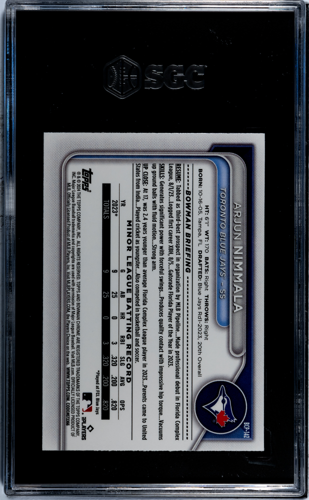 2024 Bowman Mega Box Arjun Nimmala #BCP-142 Chrome Navy Refractor SGC 9.5