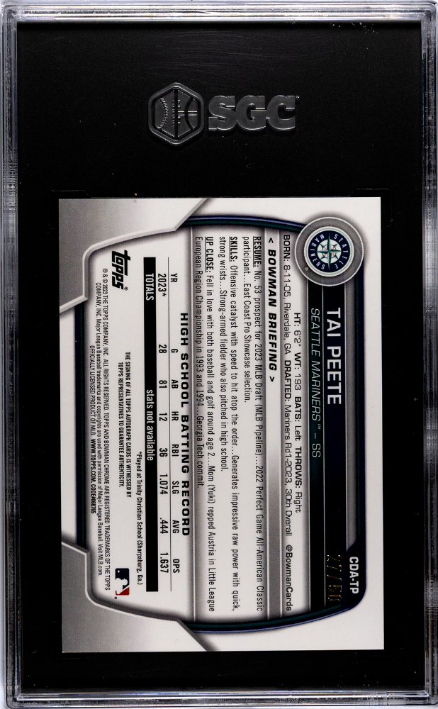 2023 Bowman Draft Sapphire Tai Peete #CDA-TP Chrome Autograph Gold SGC 9