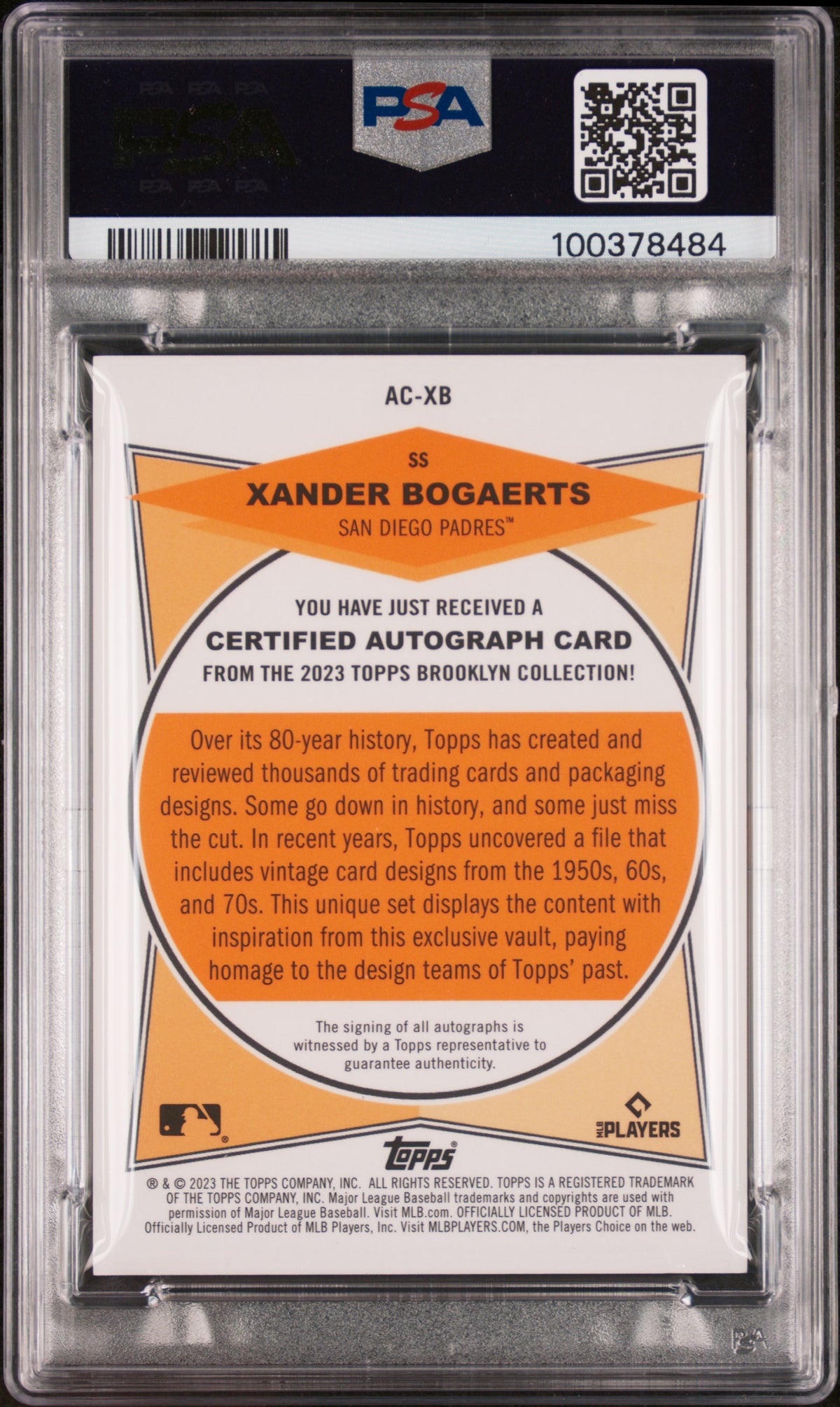 2023 Topps Brooklyn Collection Auto Xander Bogaerts #XB Gold /50 PSA 10