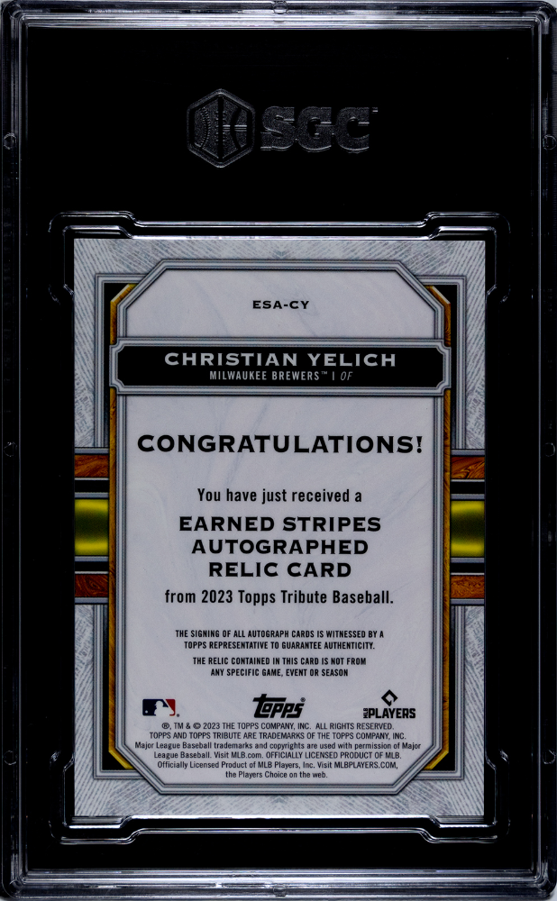 2023 Topps Tribute Christian Yelich #ESA-CY Earned Stripes Autograph Relic SGC 9